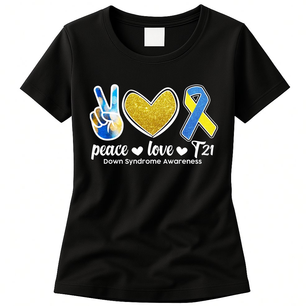 Peace Love T21 Down Syndrome Awareness Ribbon Womens T-Shirt