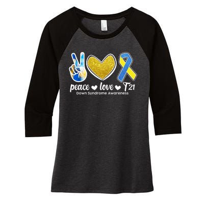 Peace Love T21 Down Syndrome Awareness Ribbon Women's Tri-Blend 3/4-Sleeve Raglan Shirt