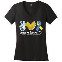 Peace Love T21 Down Syndrome Awareness Ribbon Women's V-Neck T-Shirt