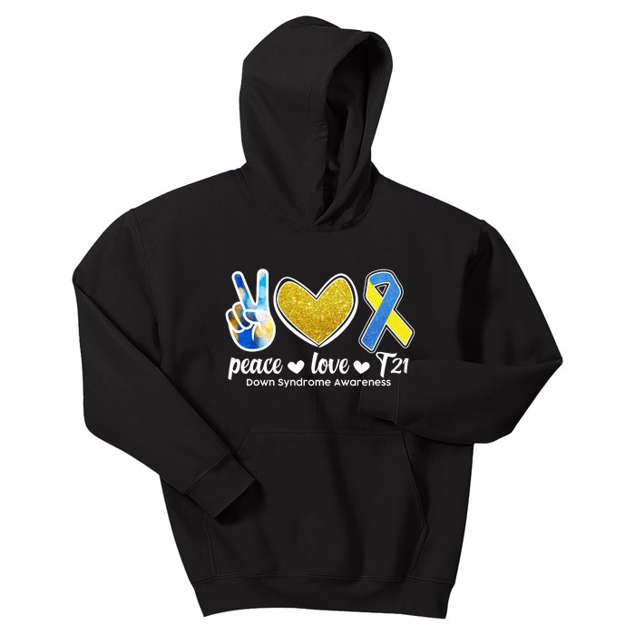 Peace Love T21 Down Syndrome Awareness Ribbon Kids Hoodie