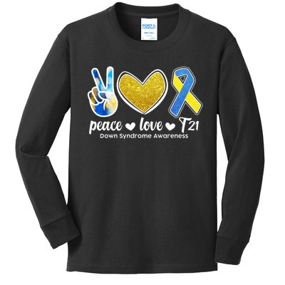 Peace Love T21 Down Syndrome Awareness Ribbon Kids Long Sleeve Shirt