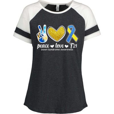 Peace Love T21 Down Syndrome Awareness Ribbon Enza Ladies Jersey Colorblock Tee