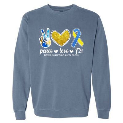 Peace Love T21 Down Syndrome Awareness Ribbon Garment-Dyed Sweatshirt