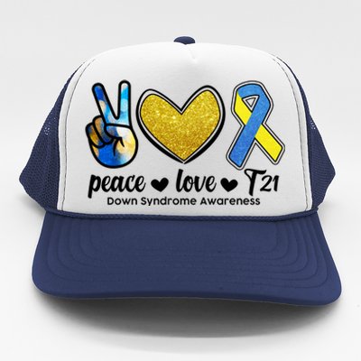 Peace Love T21 Down Syndrome Awareness Ribbon Trucker Hat