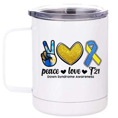 Peace Love T21 Down Syndrome Awareness Ribbon 12 oz Stainless Steel Tumbler Cup