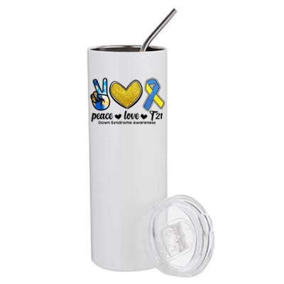 Peace Love T21 Down Syndrome Awareness Ribbon Stainless Steel Tumbler