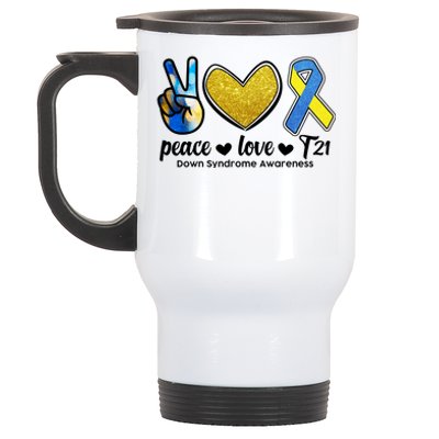 Peace Love T21 Down Syndrome Awareness Ribbon Stainless Steel Travel Mug