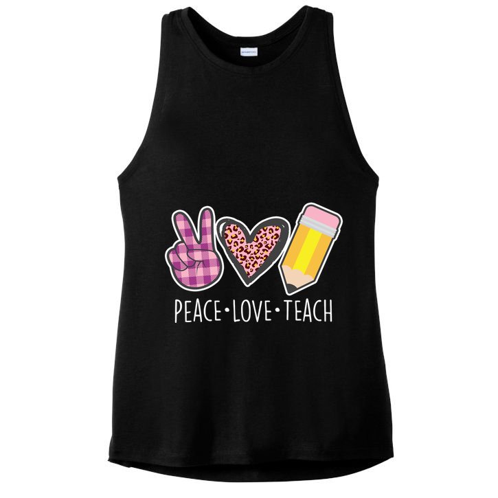 Peace Love Teach Plaid and Leopard Prints Ladies PosiCharge Tri-Blend Wicking Tank