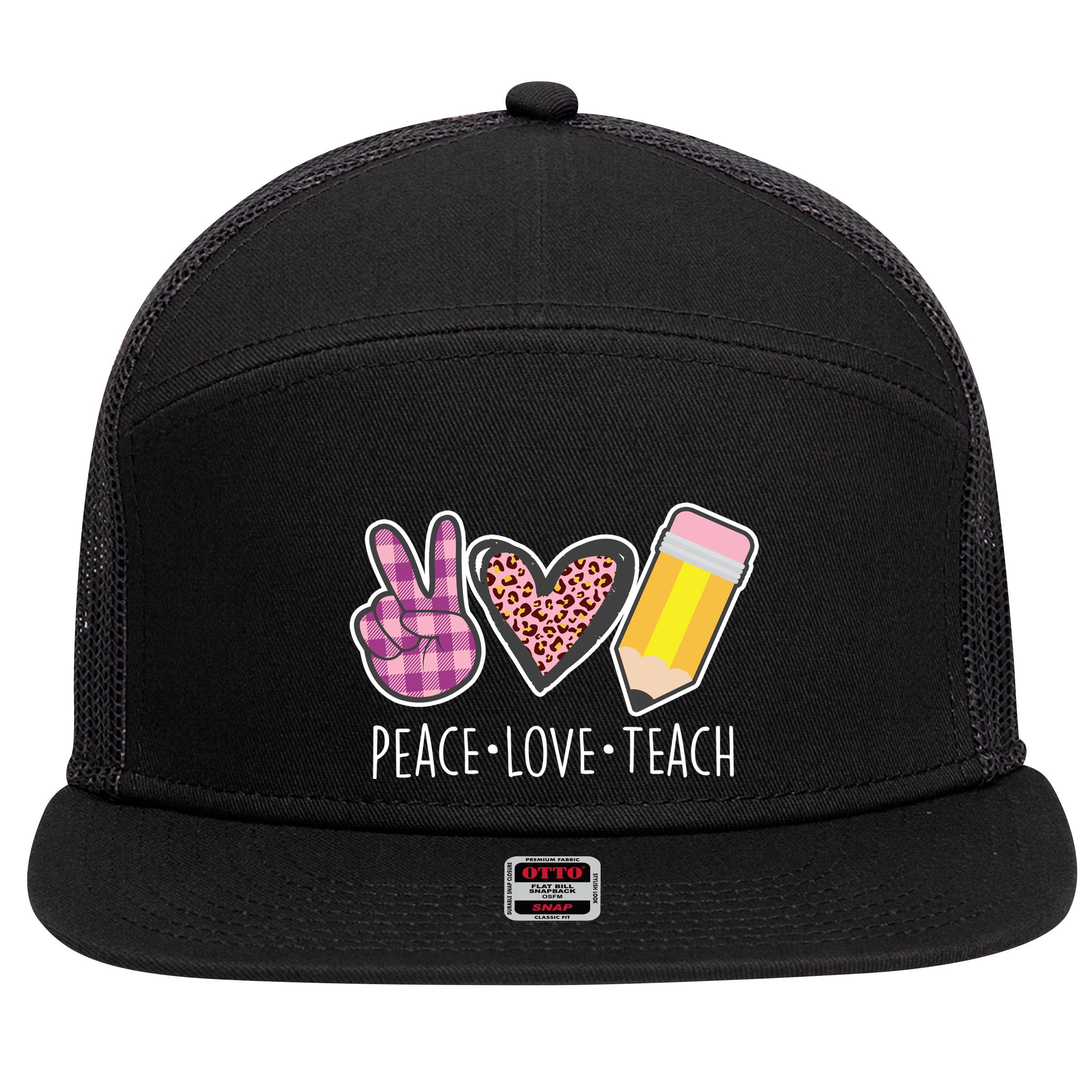 Peace Love Teach Plaid and Leopard Prints 7 Panel Mesh Trucker Snapback Hat