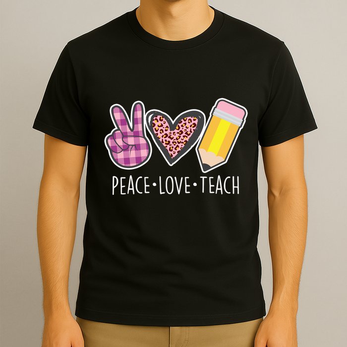 Peace Love Teach Plaid and Leopard Prints T-Shirt