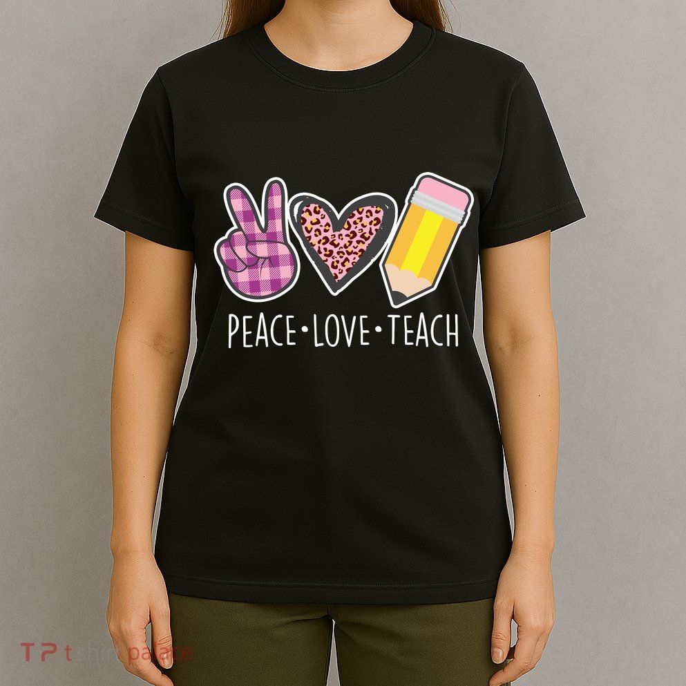 Peace Love Teach Plaid and Leopard Prints T-Shirt