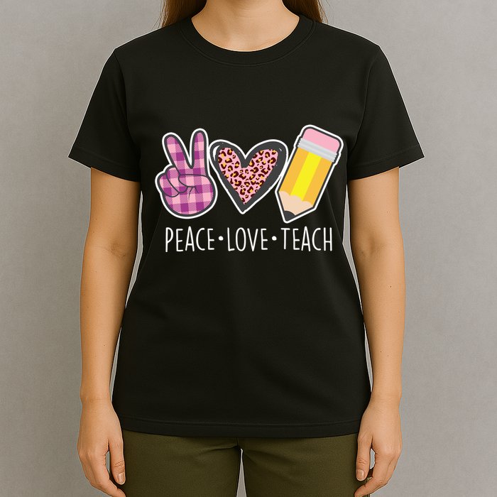 Peace Love Teach Plaid and Leopard Prints T-Shirt