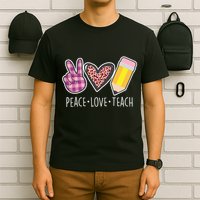 Peace Love Teach Plaid and Leopard Prints T-Shirt