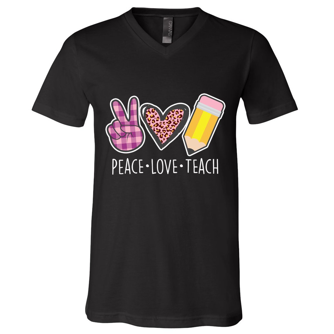 Peace Love Teach Plaid and Leopard Prints V-Neck T-Shirt