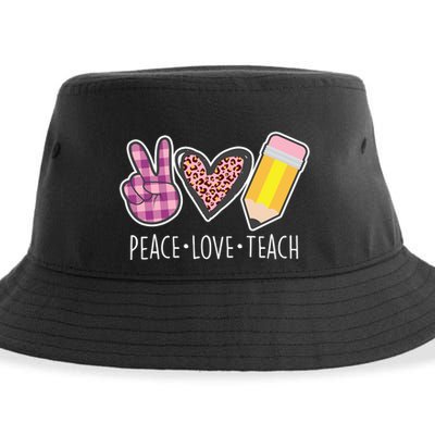 Peace Love Teach Plaid and Leopard Prints Sustainable Bucket Hat