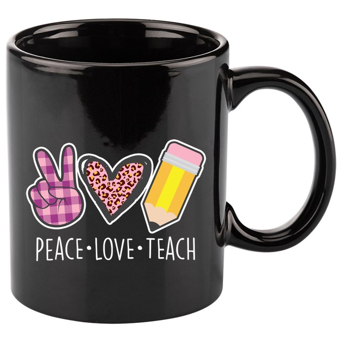 Peace Love Teach Plaid and Leopard Prints 11oz C Handle Ceramic Mug