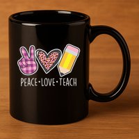 Peace Love Teach Plaid and Leopard Prints 11oz C Handle Ceramic Mug