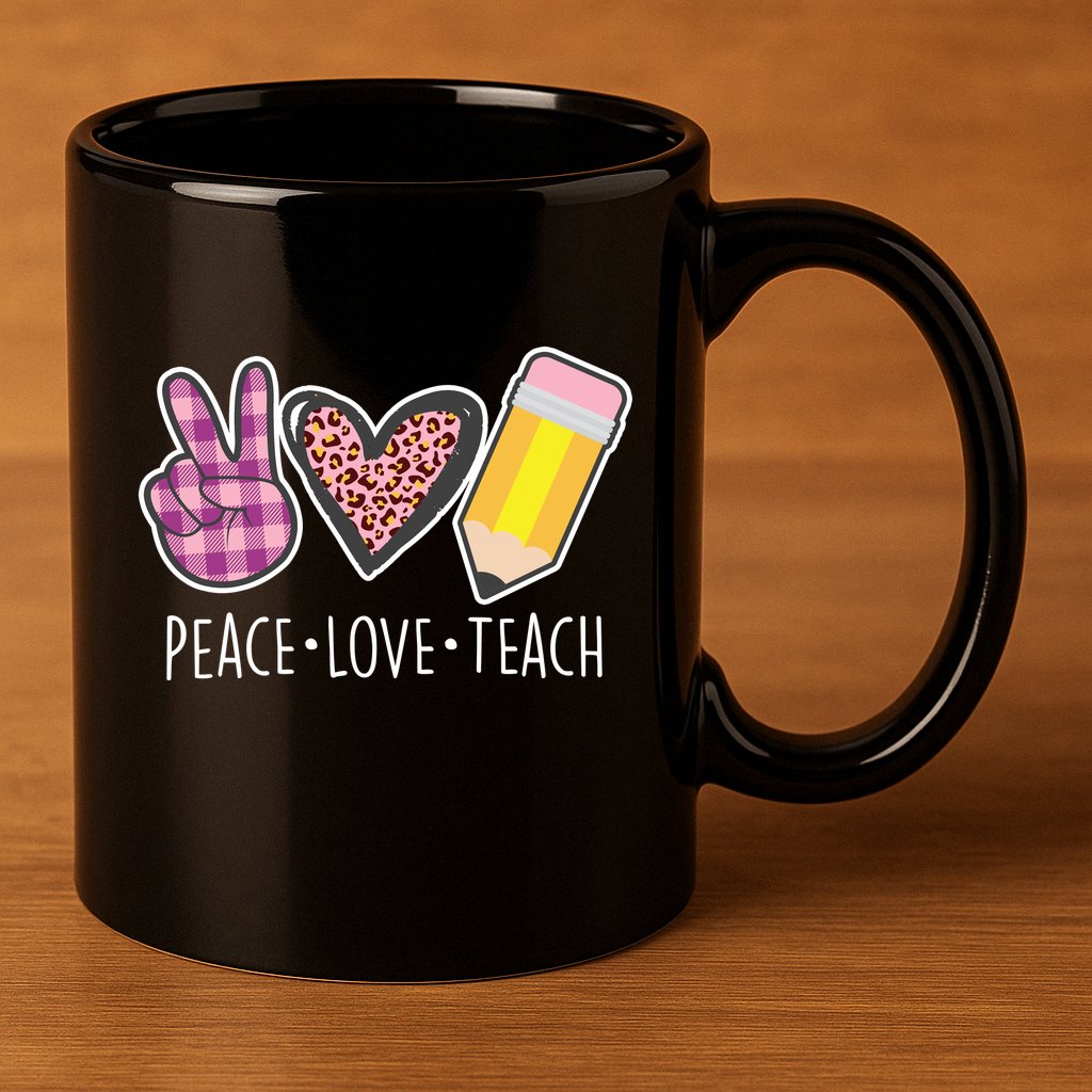 Peace Love Teach Plaid and Leopard Prints 11oz C Handle Ceramic Mug