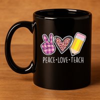 Peace Love Teach Plaid and Leopard Prints 11oz C Handle Ceramic Mug
