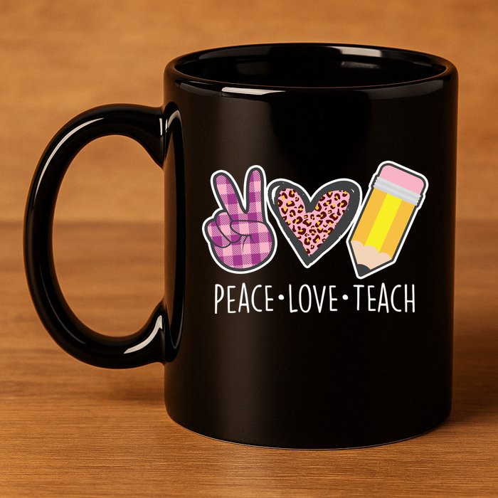 Peace Love Teach Plaid and Leopard Prints 11oz C Handle Ceramic Mug