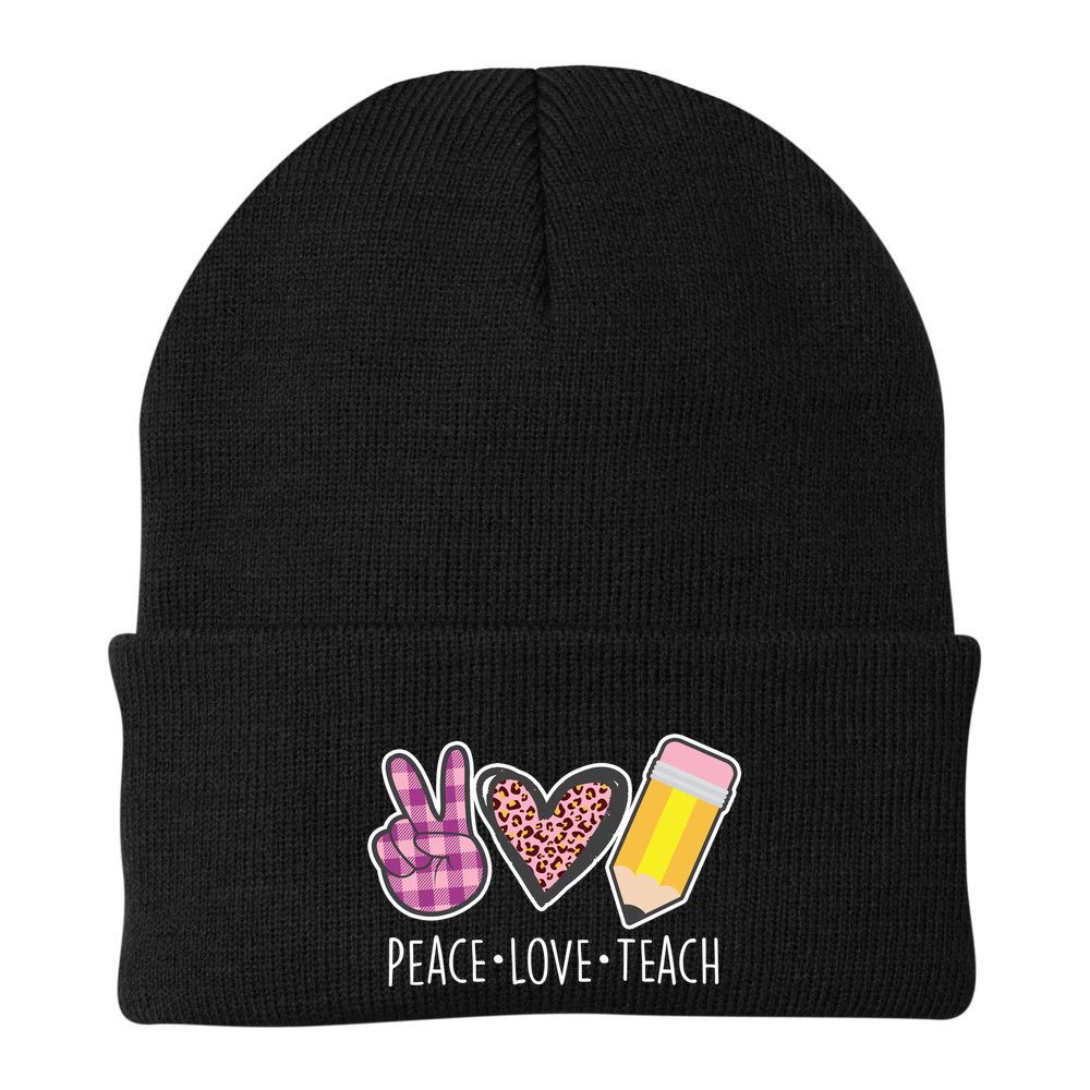 Peace Love Teach Plaid and Leopard Prints Beanie