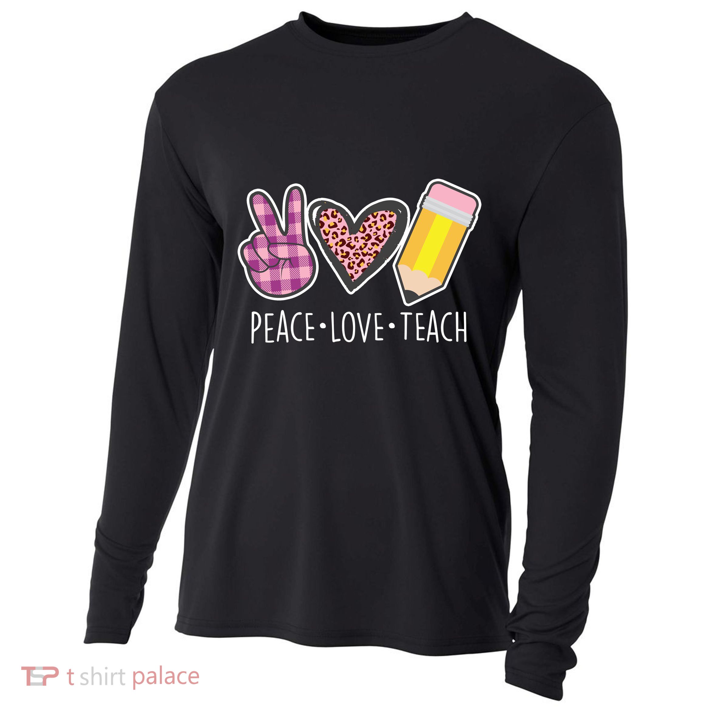 Peace Love Teach Plaid and Leopard Prints Cooling Performance Long Sleeve Crew