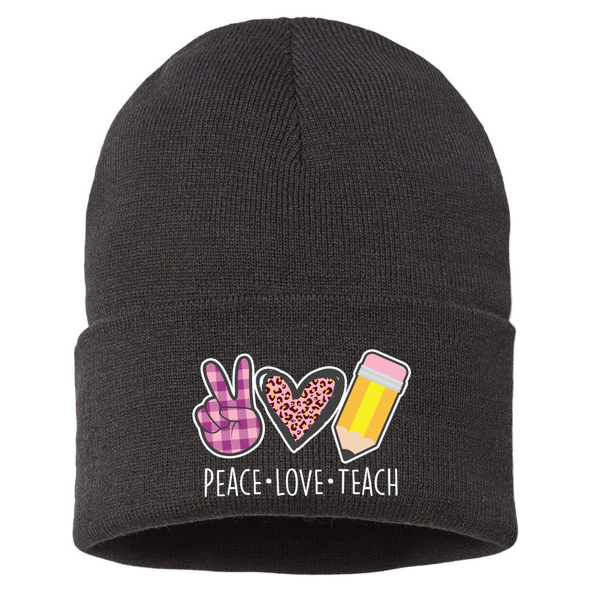 Peace Love Teach Plaid and Leopard Prints Sustainable Knit Beanie