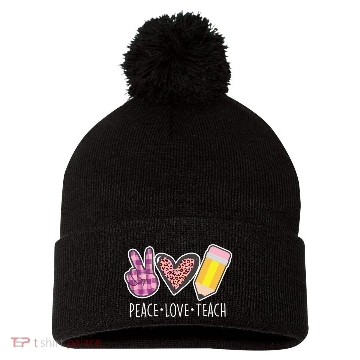 Peace Love Teach Plaid and Leopard Prints Pom Pom 12in Knit Beanie