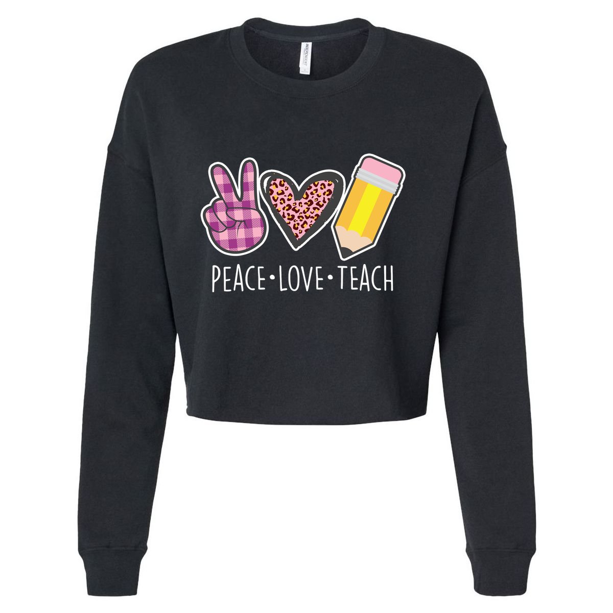 Peace Love Teach Plaid and Leopard Prints Cropped Pullover Crew