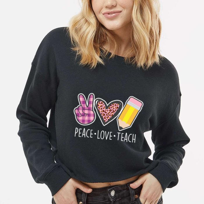 Peace Love Teach Plaid and Leopard Prints Cropped Pullover Crew