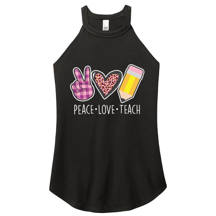 Peace Love Teach Plaid and Leopard Prints Women's Perfect Tri Rocker Tank