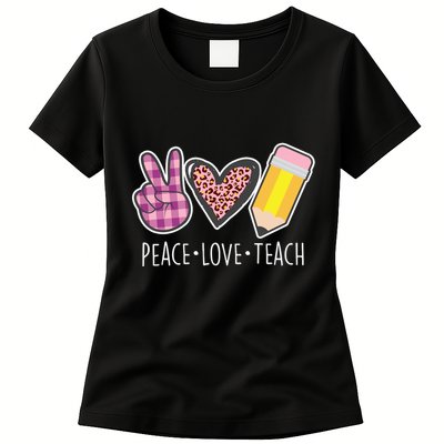 Peace Love Teach Plaid and Leopard Prints Womens T-Shirt