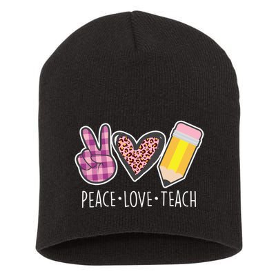 Peace Love Teach Plaid and Leopard Prints Short Acrylic Beanie