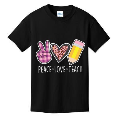 Peace Love Teach Plaid and Leopard Prints Kids T-Shirt