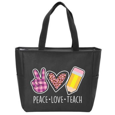 Peace Love Teach Plaid and Leopard Prints Zip Tote Bag