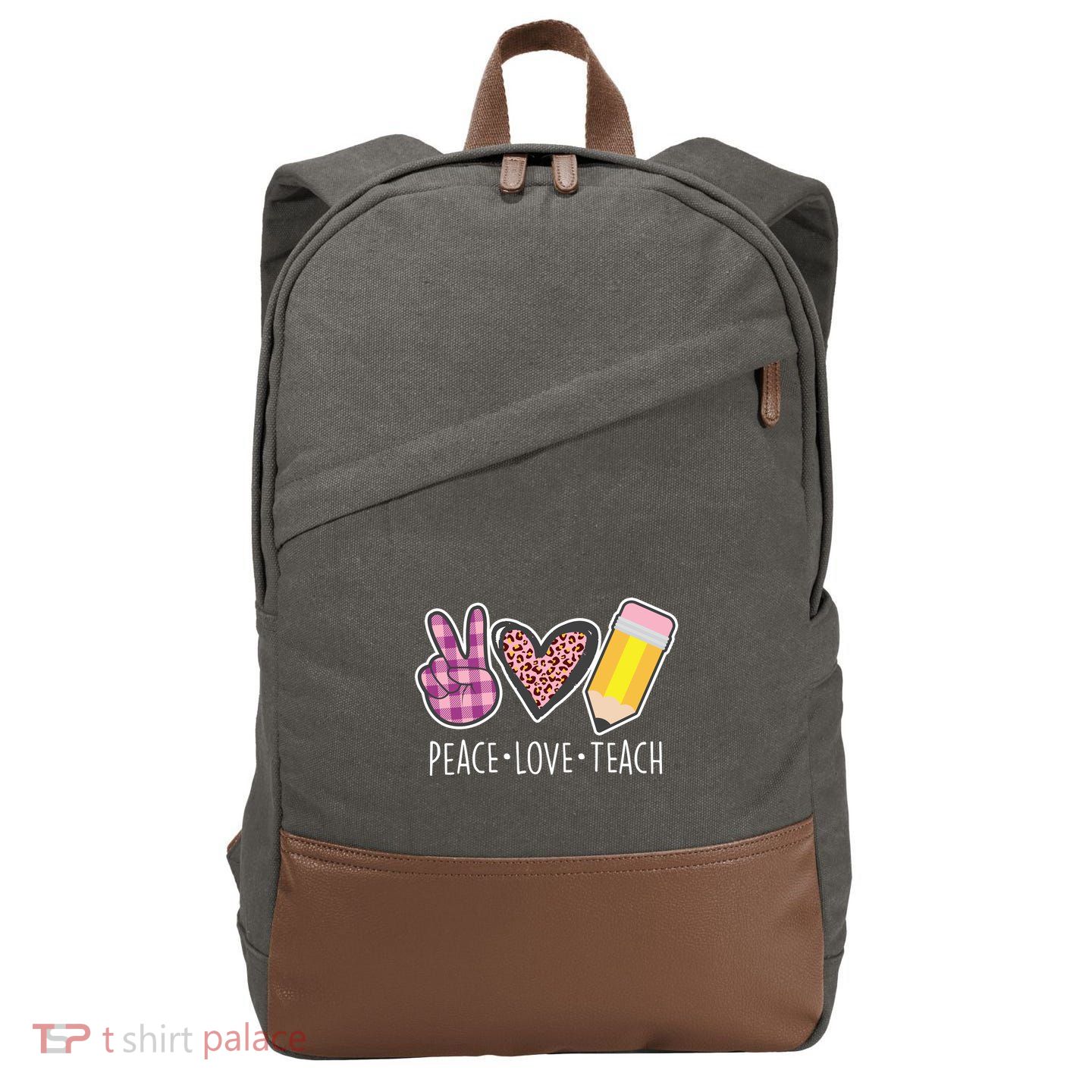 Peace Love Teach Plaid and Leopard Prints Cotton Canvas Backpack