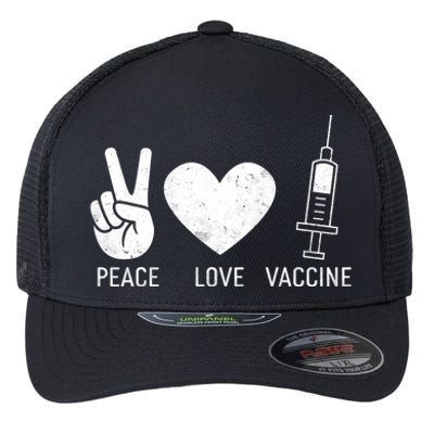 Peace Love Vaccine Shot Flexfit Unipanel Trucker Cap