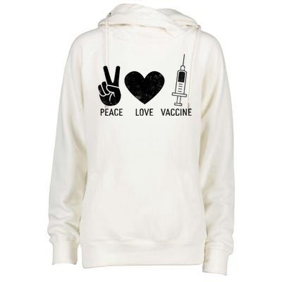 Peace Love Vaccine Shot Womens Funnel Neck Pullover Hood