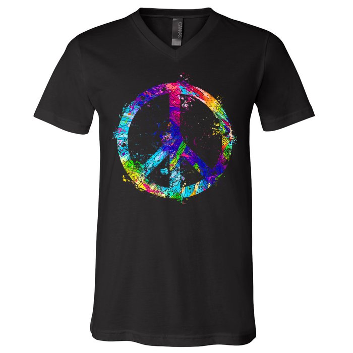 Peace Sign Paint Splatter V-Neck T-Shirt