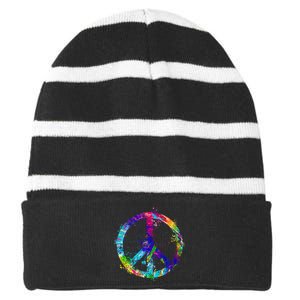 Peace Sign Paint Splatter Striped Beanie with Solid Band