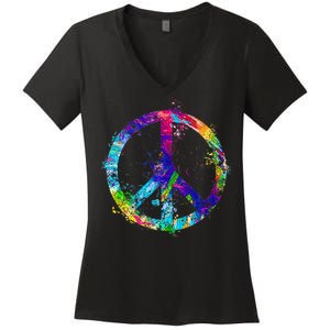 Peace Sign Paint Splatter Women's V-Neck T-Shirt