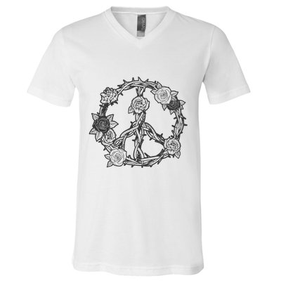 Peace Symbol Roses And Thorns V-Neck T-Shirt