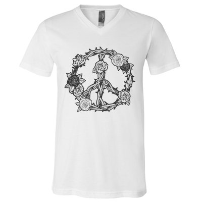 Peace Symbol Roses And Thorns V-Neck T-Shirt