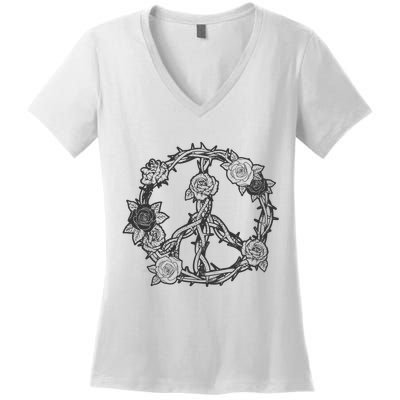 Peace Symbol Roses And Thorns Women's V-Neck T-Shirt