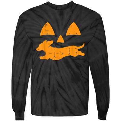 Pumpkin Eyes Dachshund Funny Halloween Jack O Lantern Dog Tie-Dye Long Sleeve Shirt