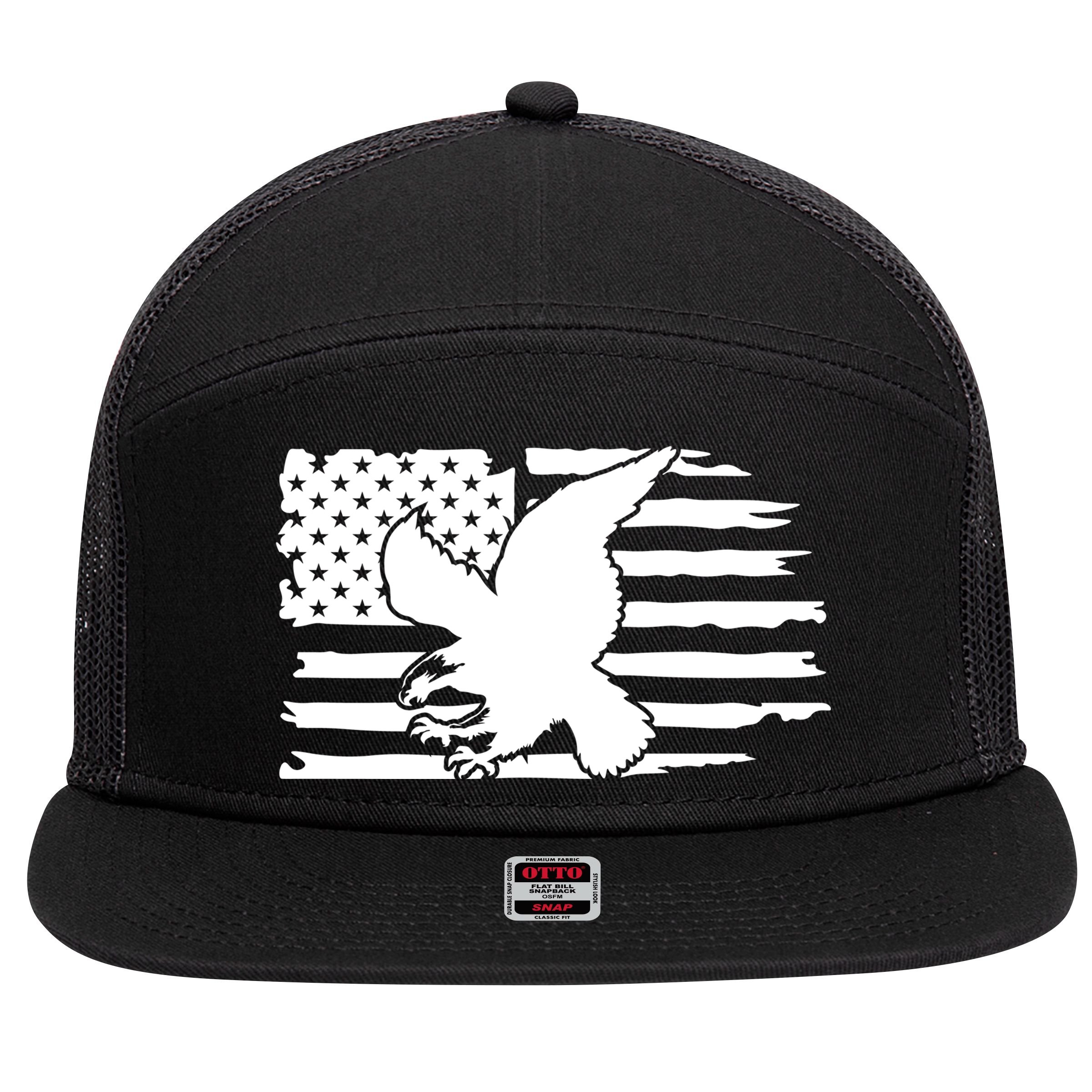 Patriotic Eagle Distress Flag USA 7 Panel Mesh Trucker Snapback Hat