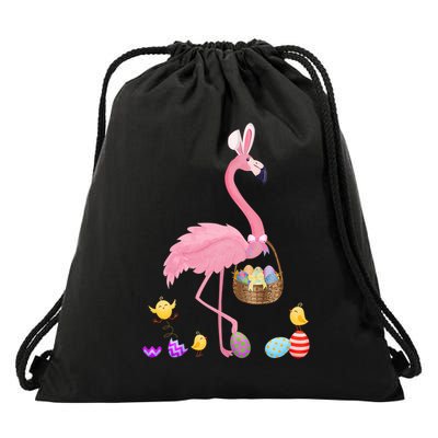 Pretty Easter Flamingo With Bunny Ears And Easter Basket Drawstring Bag