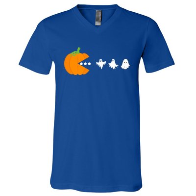 Pumpkin Eating Ghost Gamer Halloween Gaming Great Gift V-Neck T-Shirt