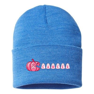 Pumpkin Eating Ghost Gamer Support Breast Cancer Warrior Cool Gift Sustainable Knit Beanie