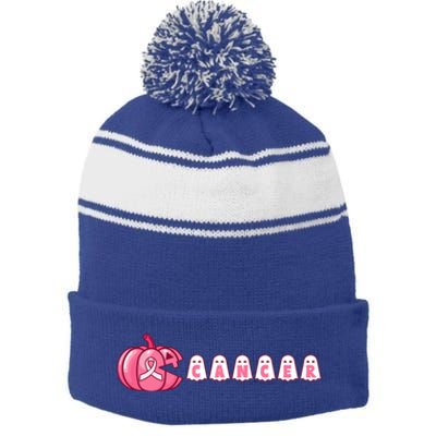 Pumpkin Eating Ghost Gamer Support Breast Cancer Warrior Cool Gift Stripe Pom Pom Beanie